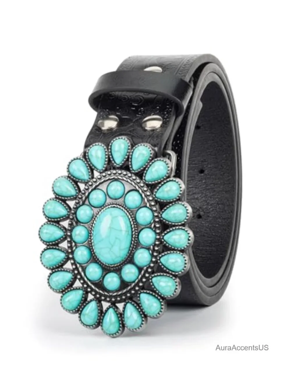 Vintage Embossed PU Leather Belt, Turquoise Studded